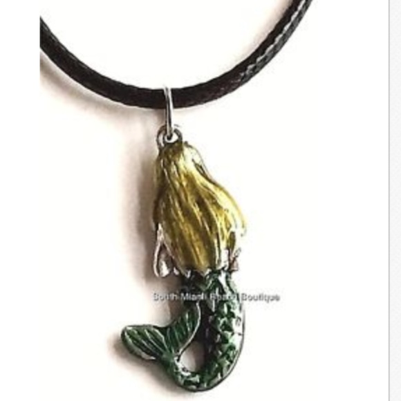 Mermaid Charm Necklace Nautical Island Beach Enamel Pendant Black Cord 18" - Picture 4 of 8